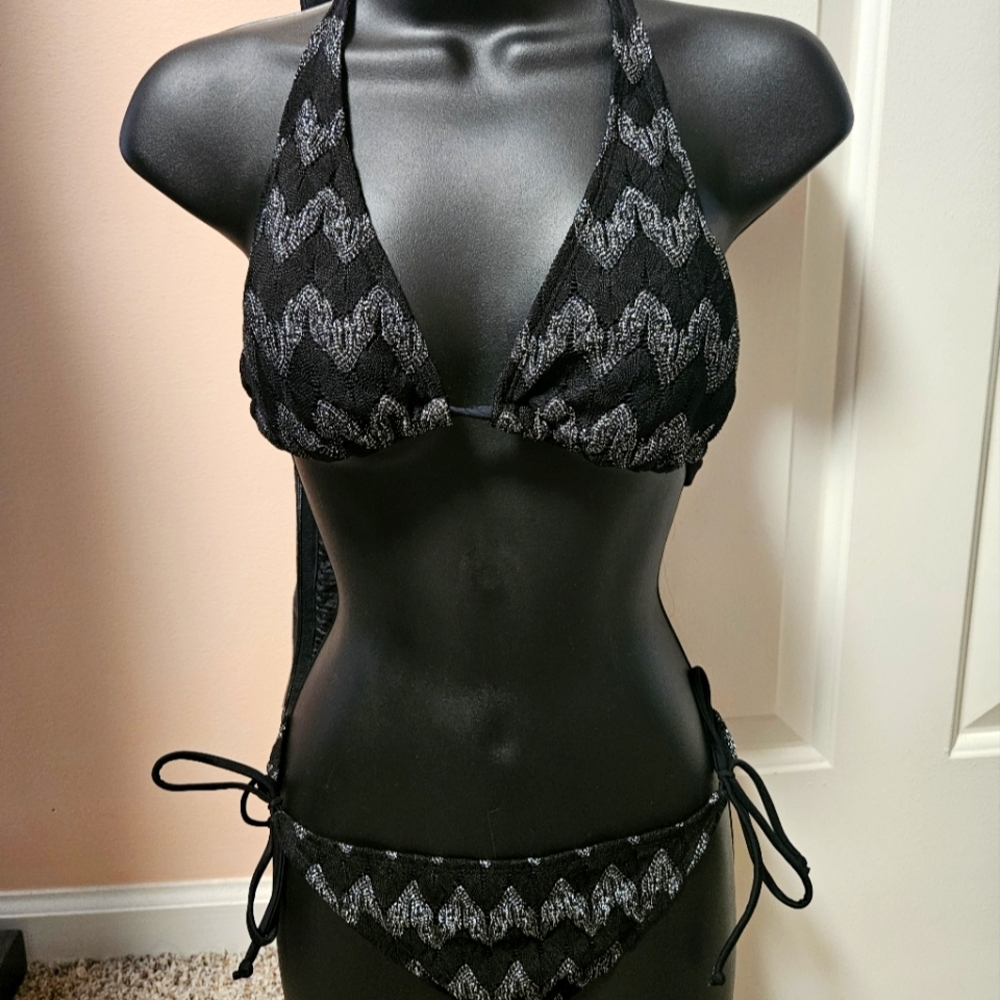 Xhilaration Black and Silver Halter Shimmer Chevron Bikini Set